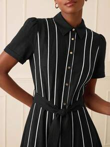Lilora Elegant Women Black Button Down Dress With Belted Waist - Black and White - View 3
