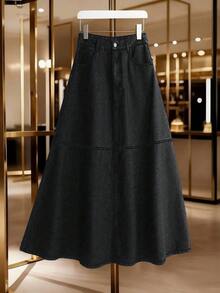 GlowEve Solid Color Lapel Collar Long Sleeve Front Button Fashionable Versatile Denim Maxi Skirt - Black - View 2