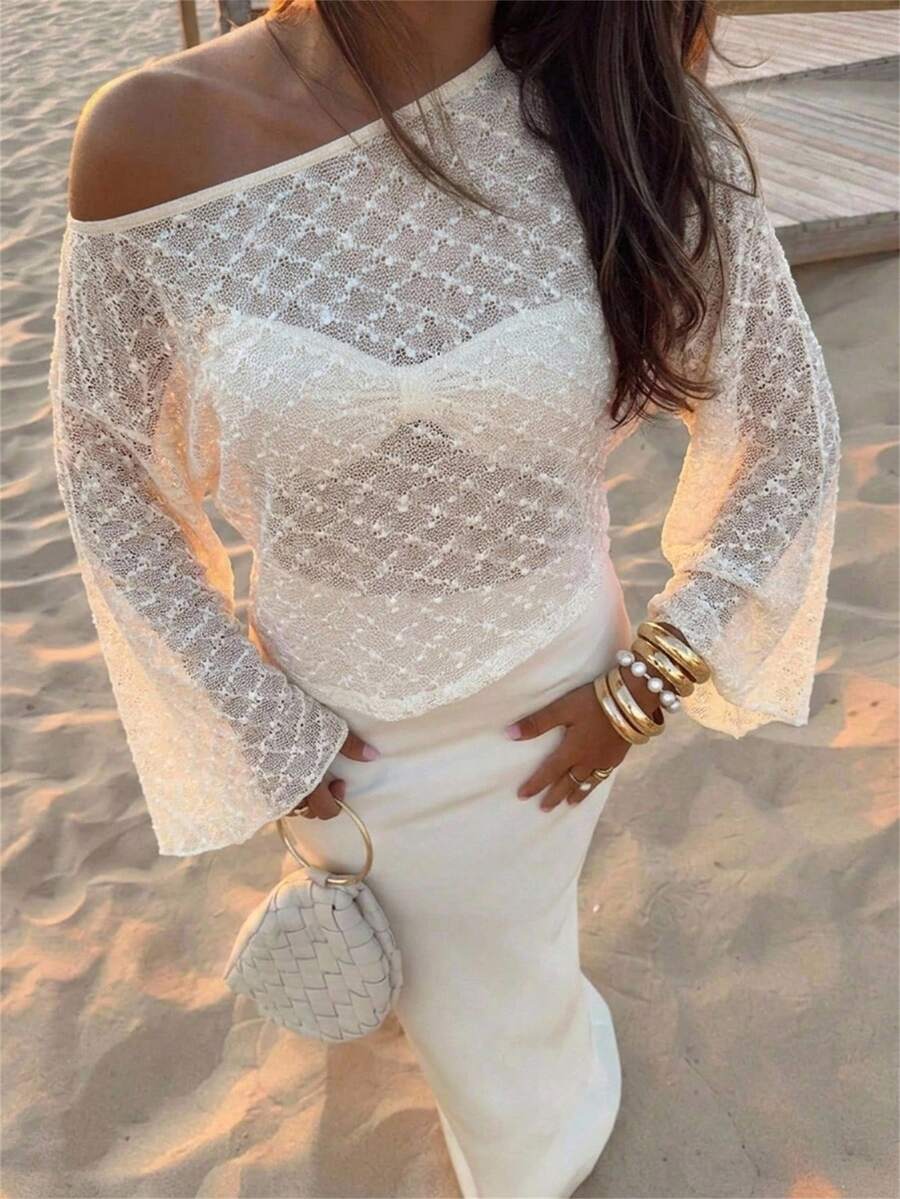 Aloruh 女款優雅浪漫不對稱單肩花卉印花透視喇叭袖海灘度假T恤 白色秋季 - 白色 - 查看 1