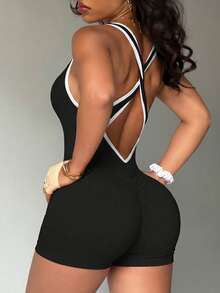 Slayform Slayform Women's Plus Size Backless Athletic Romper Gym Black And White Summer Gym Pilates Gym Pilates - Black - View 3