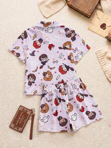 HARRY POTTER X SHEIN 少女卡通角色印花單排扣短袖上衣與短褲家居服套裝 - 粉色 - 查看 2
