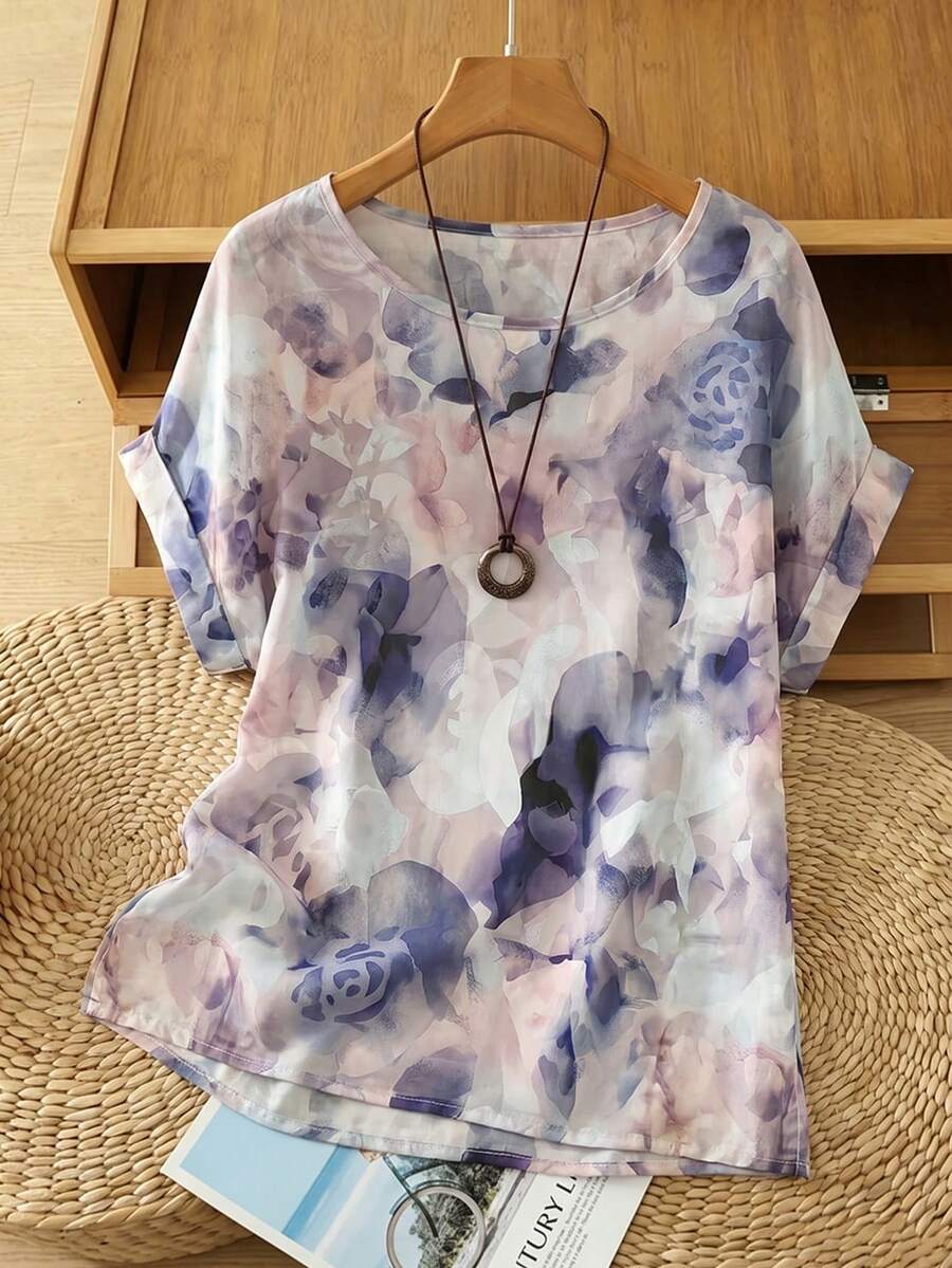 SHEIN Franclia 夏季法式水彩印花圓領短袖上衣 - 彩色 - 查看 1