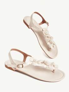 CUCCOO CHICEST European And American New Fashion Pearl Flower Sandals Cute Style Flats - Apricot - View 4