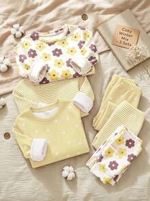 Random 3 Sets Send 2 Sets Cute Sweet Cartoon Floral Print, Mori Style, Baby Girl Casual Minimalist Slim Fit Round Neck Long Sleeve Long Pants Home Wear Set 4pcs, Suitable For Autumn/Winter, Tight Fit - Multicolor - View 4