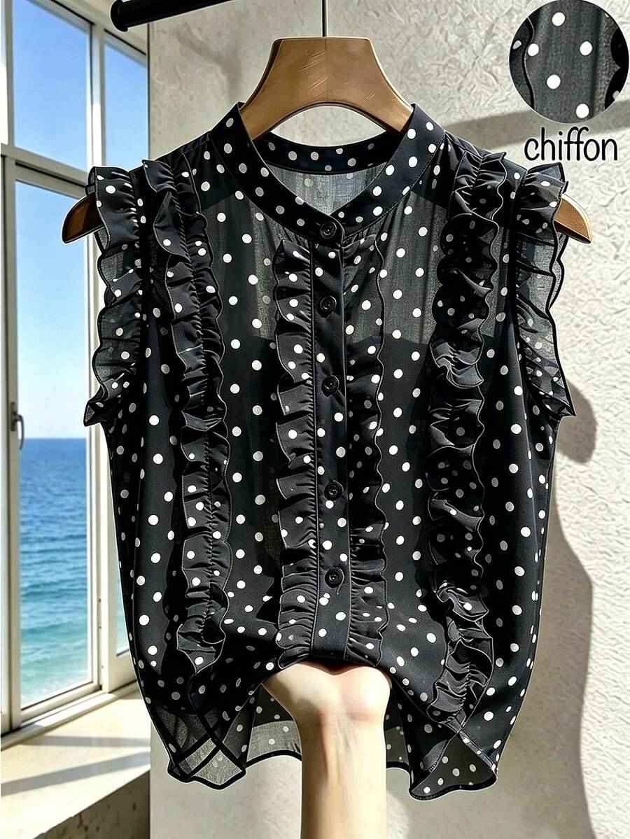 SHEIN Franclia 女款波點荷葉邊休閒百搭日常外出襯衫 - 黑色 - 查看 1