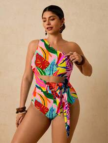 Travachic Plus Size Tropical Plant Print Cutout One Shoulder Tie One-Piece Swimsuit Bathing Suit - Pink - View 6