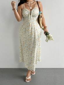 Sunnyshic Plus Size Women's Ditsy Floral Pleated Casual Boho Bohemian Summer Travel Spaghetti Strap Dress Party Vacation All White - Multicolor - View 1