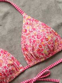 Swim Mod Plus Size Women Ditsy Floral Spaghetti Strap Backless Bikini Top - Hot Pink - View 6