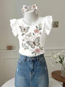 壓花 T-Shirt，波希米亞野花襯衫，植物，青少年女孩荷葉袖上衣 - 彩色 - 查看 4