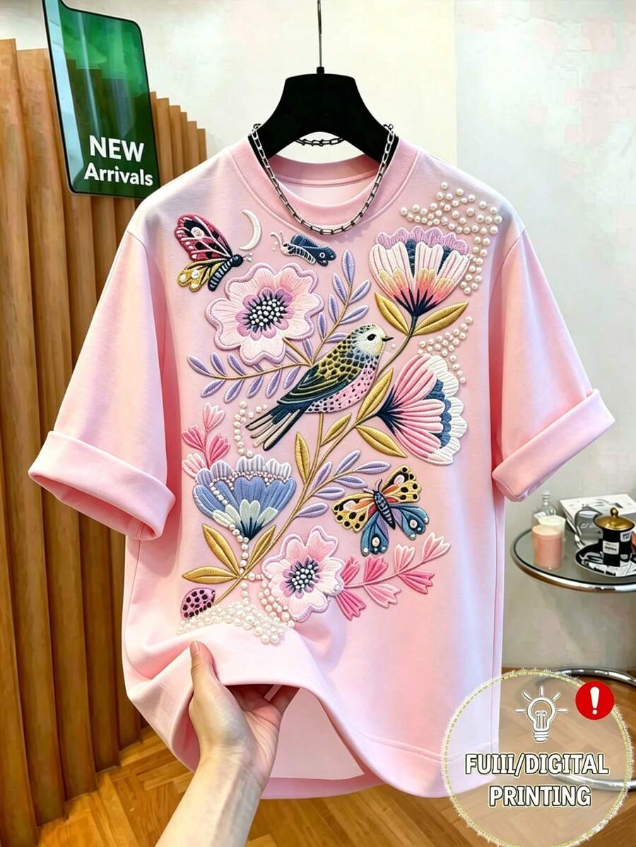 EMERY ROSE 女士仿刺绣花卉蝴蝶短袖上衣,常规袖圆领T恤,饰有蝴蝶图案,休闲百搭,适合…… - 白色 - View 1
