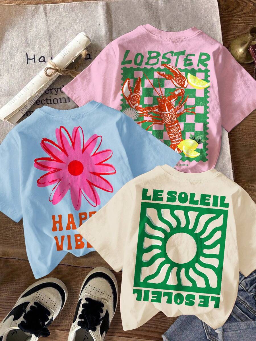 Tween Girl Casual Minimalist Short Sleeve Crew Neck T-Shirt Multi-Pack Suitable For Summer - Multicolor - View 1