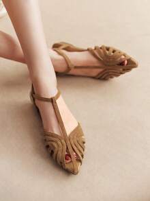 Rosivie Sandalias planas de mujer Camel con tejido T, punta esmerilada, estilo bohemio, para vacaciones y uso diario - Caqui - Ver 7