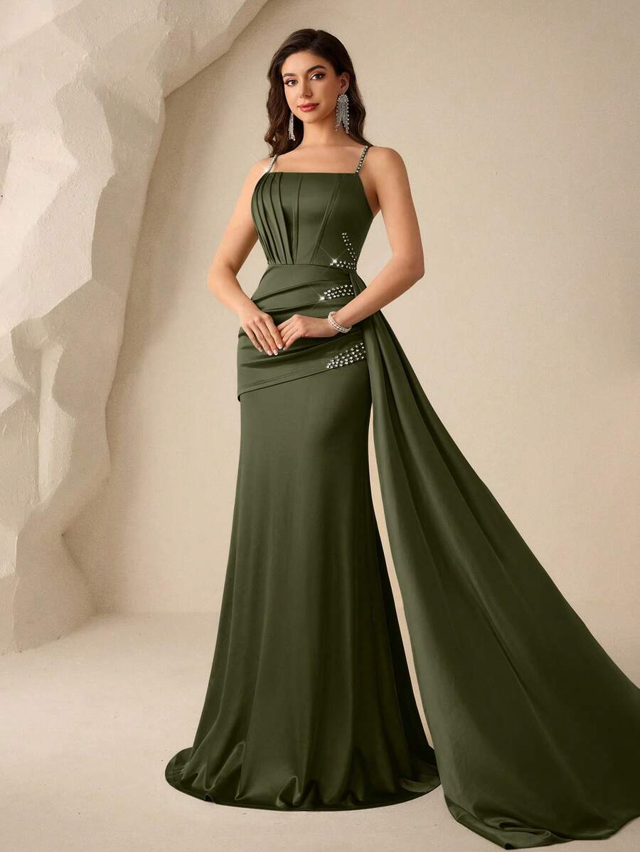 Coutiva Women's Rhinestone Decorated Side Ribbon Design Elegant Spaghetti Strap Formal Evening Gown (Heavy Embellishment) - Army Green - View 1