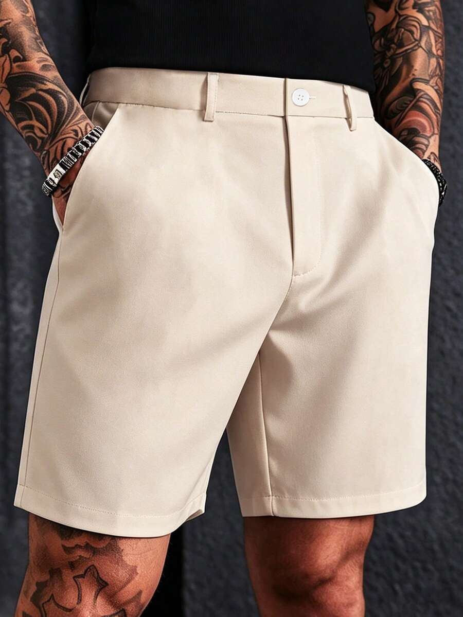 Manfinity CasualCool Men's Solid Color Shorts, Woven Casual Straight Leg Shorts For Summer - Apricot - View 1