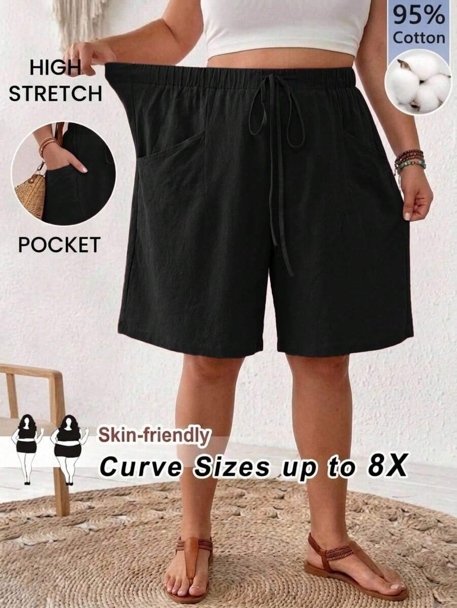 SHEIN CURVE+ 大尺碼女款純色抽繩腰休閒基本款性感百搭短褲 度假黑色夏季