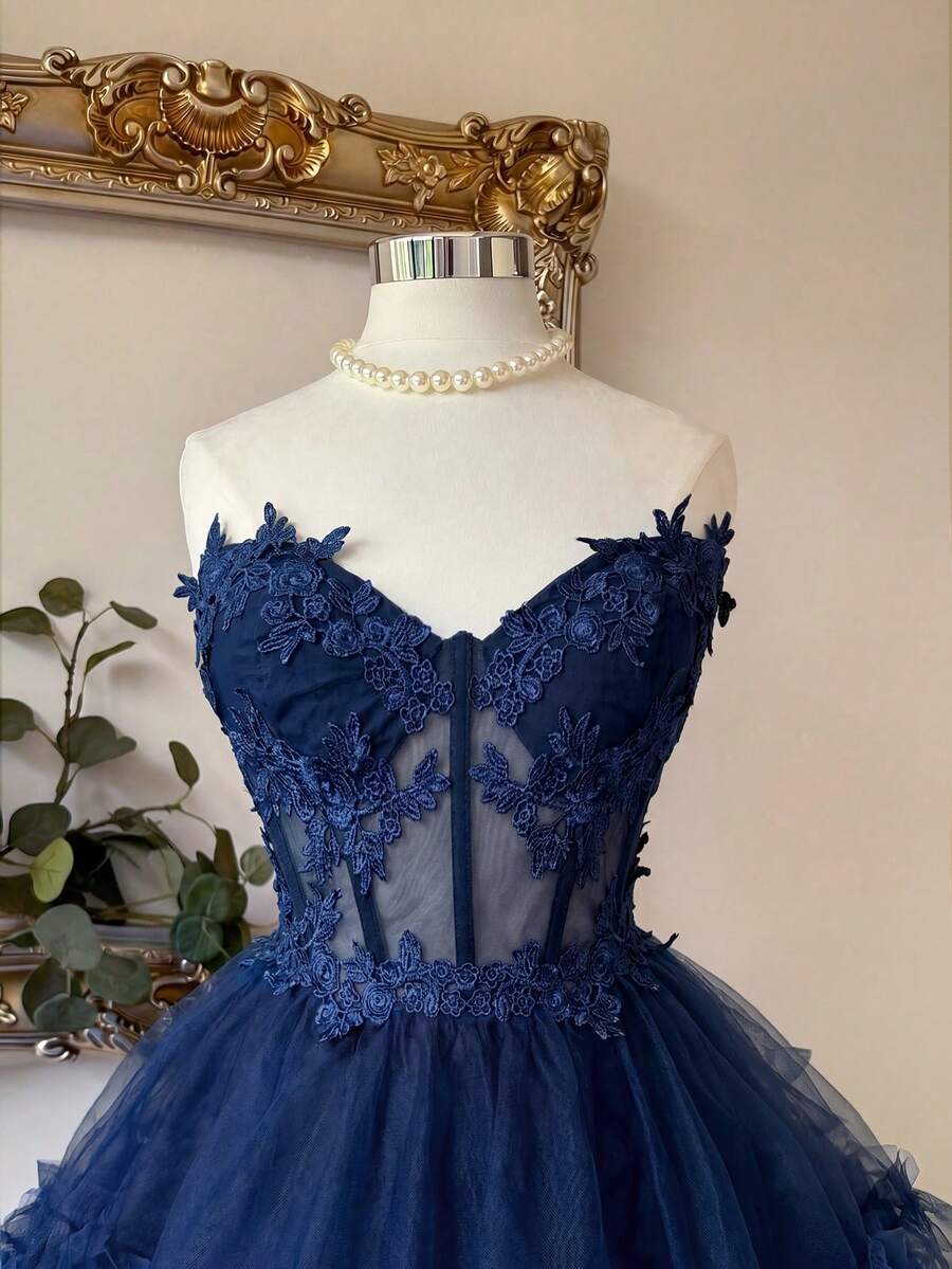 Lovelzi 優雅奢華蕾絲貼花緞面拼接手工刺繡收腰透視魚骨修身短洋裝,適合約會、單身派對、雞尾酒會、舞會 - 藏蓝色 - 查看 1