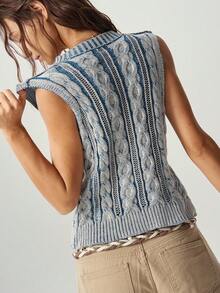 Bohemela Vintage Twisted Rope Mixed Color Knit Vest - Blue and White - View 7