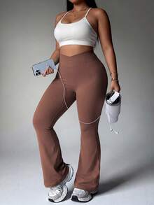 Velisys Velisys 2pcs Plus Size Flare Pants Black & Dark Brown Knit Seamless Crossover Waist Sexy New Style Suitable For Spring Summer Autumn Winter Outdoor Wear - Multicolor - View 4