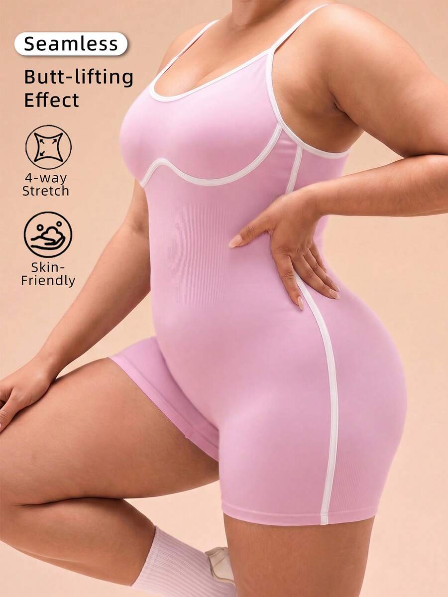 SHEIN Rhythm Era Women's Plus Size Piped Camisole Style Sports Athletic Romper Gym Light Pink Summer Pilates - Pink - View 1