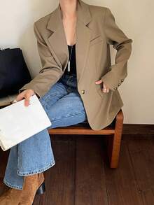 DAZY 女式纯色简约长袖商务休闲西装外套 - 棕色 - 查看 2
