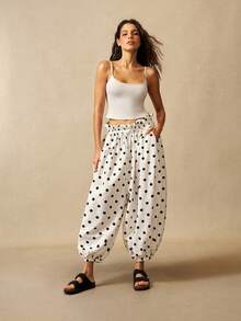 VARSIVA Pantalones de mujer con patrón de lunares, cintura con cordón y pierna entallada - Blanco y Negro - Ver 3