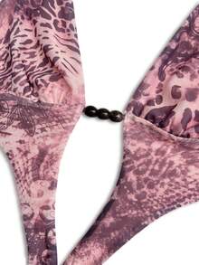 SHEIN Glamour Women's Spring/Summer Vacation Ruched Ruffle Tie-Up Beaded Sexy Tropical Pink Leopard Print Tropical Style Mini Dress Beach Vacation - Baby Pink - View 5