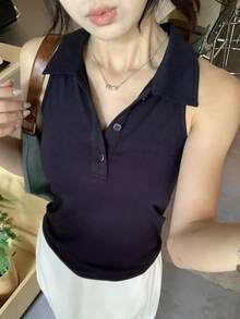 Livesso Débardeur sans manches à col revers, coupe slim, devant mi-ouvert pour femmes - Bleu marine - Voir 2