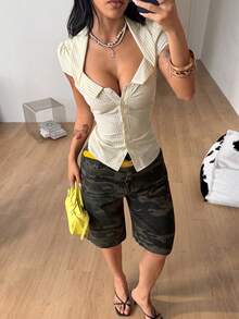 Coolane 女款夏季街頭休閒復古Y2K學院風返校翻領短袖襯衫 - 黃色 - 查看 7