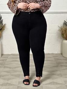 Hourglow Plus Size Solid Color Skinny Denim Jeans With Pockets, For Hourglass Body Shape Casual - Black - View 4