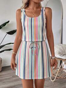SHEIN LUNE Vestido mini holgado con estampado de rayas de colores, adecuado para vacaciones de primavera/verano - Multicolor - Ver 3