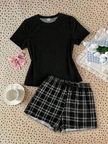 青少年女孩休閒寬鬆極簡風圓領短袖短褲家居服，適合春夏穿著 - 彩色 - 查看 3