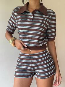 Aloruh Camiseta corta para mujer de estilo casual joven y atrevido, con cuello polo, ajustada en la parte superior, cintura suelta y bajo ceñido, color marrón con rayas azules - Multicolor - Ver 6