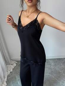 SHEIN Raffinéa 女款純色對比蕾絲細肩帶背心與長褲優雅兩件套 - 黑色 - 查看 5
