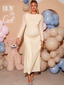 Loomaby Elegant Maternity Solid Color Party Photoshoot Dress, Gender Reveal Dress, Baby Shower Dress, Wedding, Birthday Autumn Allover White - Yellow - View 11