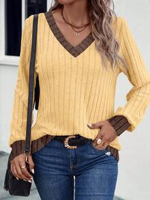 SHEIN LUNE Women's Autumn/Winter New Colorblock Design V-Neck Soft Wide Ribbed Knit Long Sleeve Sweatshirt - Multicolor - View 4