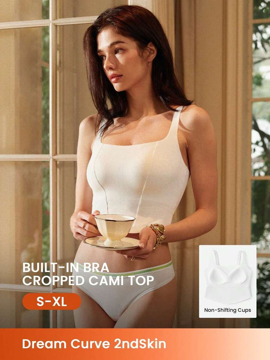 LUVLETTE Wireless Seamless 2-In-1 Built-In Square Neck Bra Cami Backless Longline Lounge Basic White Bra Tank Top - White - View 1