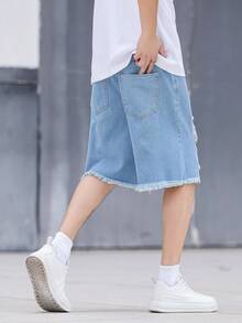 Manfinity Hypemode Shorts décontractés en jean délavé et effiloché avec poches, coupe ample, grande taille pour hommes - Bleu azur - Voir 2