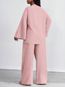 SHEIN PETITE CURVE 大尺碼女款休閒兩件套 前綁帶長袖上衣與長褲套裝 素色粉色 適合海灘正式度假商務穿搭 夏季秋季 - 藕粉色 - 查看 2