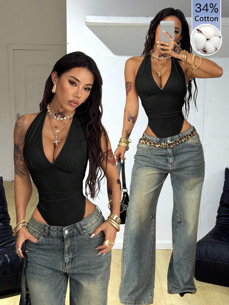 Coolane 女款純色性感掛脖抓褶連身衣