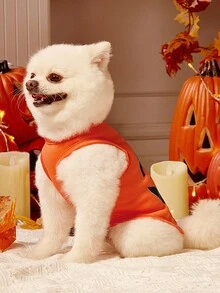 2pcs Pet Cat Dog Universal Halloween Orange Pumpkin Funny Expression Pattern Print Fashionable Breathable Comfortable Dog Vest, PETSIN Original Design - Multicolor - View 9