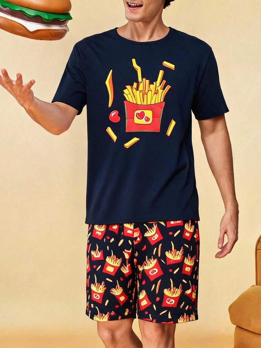Notgurli 男士可愛薯條印花圓領上衣與短褲家居服套裝 - 彩色 - 查看 1