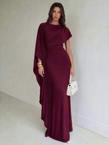 Aloruh Fall Winter,Elegant Luxurious Navy Blue Satin Ruffle Sleeve Sexy Slit Fishtail Bridesmaid Dress Wedding,Party, Wedding ,Fashionable - Burgundy - View 6