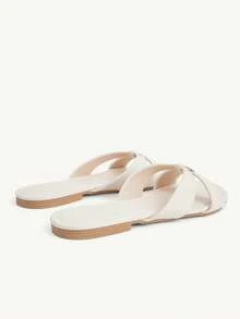 CUCCOO CHICEST 黑色交叉綁帶女款簡約韓版平底拖鞋 夏季穿著 防滑軟底涼鞋 - 米白色 - 查看 6