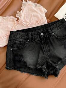 SHEIN Women's Ultra Low Waist Frayed Hem Denim Mini Shorts With Pockets - Black - View 4