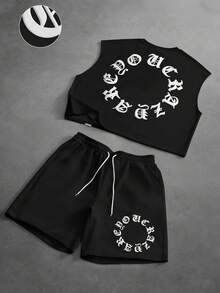 PAVTROS Men's Round Neck Letter Print Top And Shorts Casual Daily Wear Set, Holiday - Black - View 6