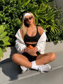 Fluxe Women's Solid Color Backless Camisole And Hollow-Out Shorts Sports Suit Polewear - Black - View 3