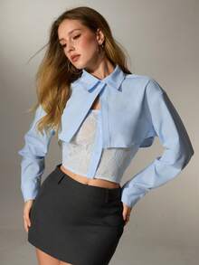 Nuvra Camisa de cuello polo con parche de encaje 2 en 1, ajuste slim, primavera/otoño - Celeste - Ver 3