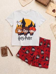 HARRY POTTER X SHEIN Pakaian Santai untuk Remaja Laki-Laki: Atasan Lengan Pendek Leher Bulat dan Celana Pendek - Red and White - View 1