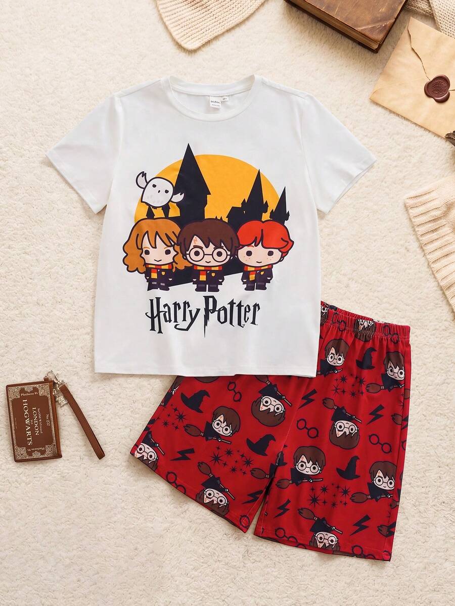 HARRY POTTER X SHEIN Pakaian Santai untuk Remaja Laki-Laki: Atasan Lengan Pendek Leher Bulat dan Celana Pendek - Red and White - View 1