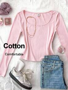 SHEIN Tween Girls T-Shirts Knit Solid Color Crew Neck Fitted Casual Clean Girl Cute Short Length Long Sleeve Farewell School Light Pink Summer - Pink - View 1